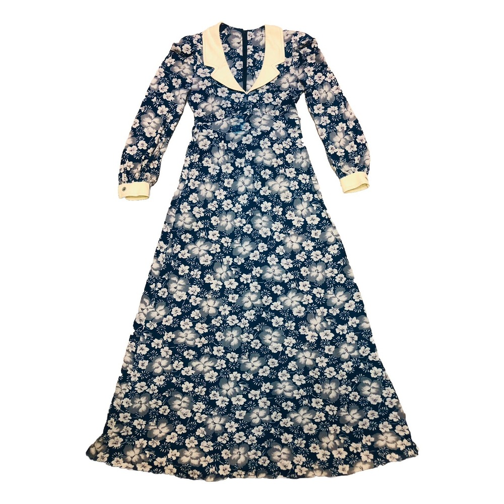Jody T Of California Vtg 70s Long Sleeve Maxi Dress XS Blue Floral Hawaiian Boho